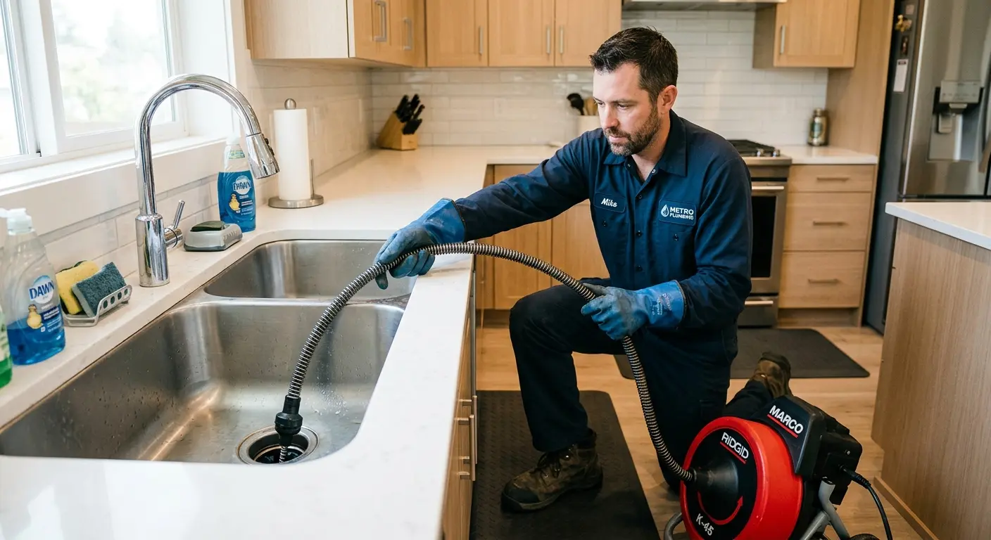 Drain cleaning technician using a motorized snake on a kitchen sink in Tinton Falls