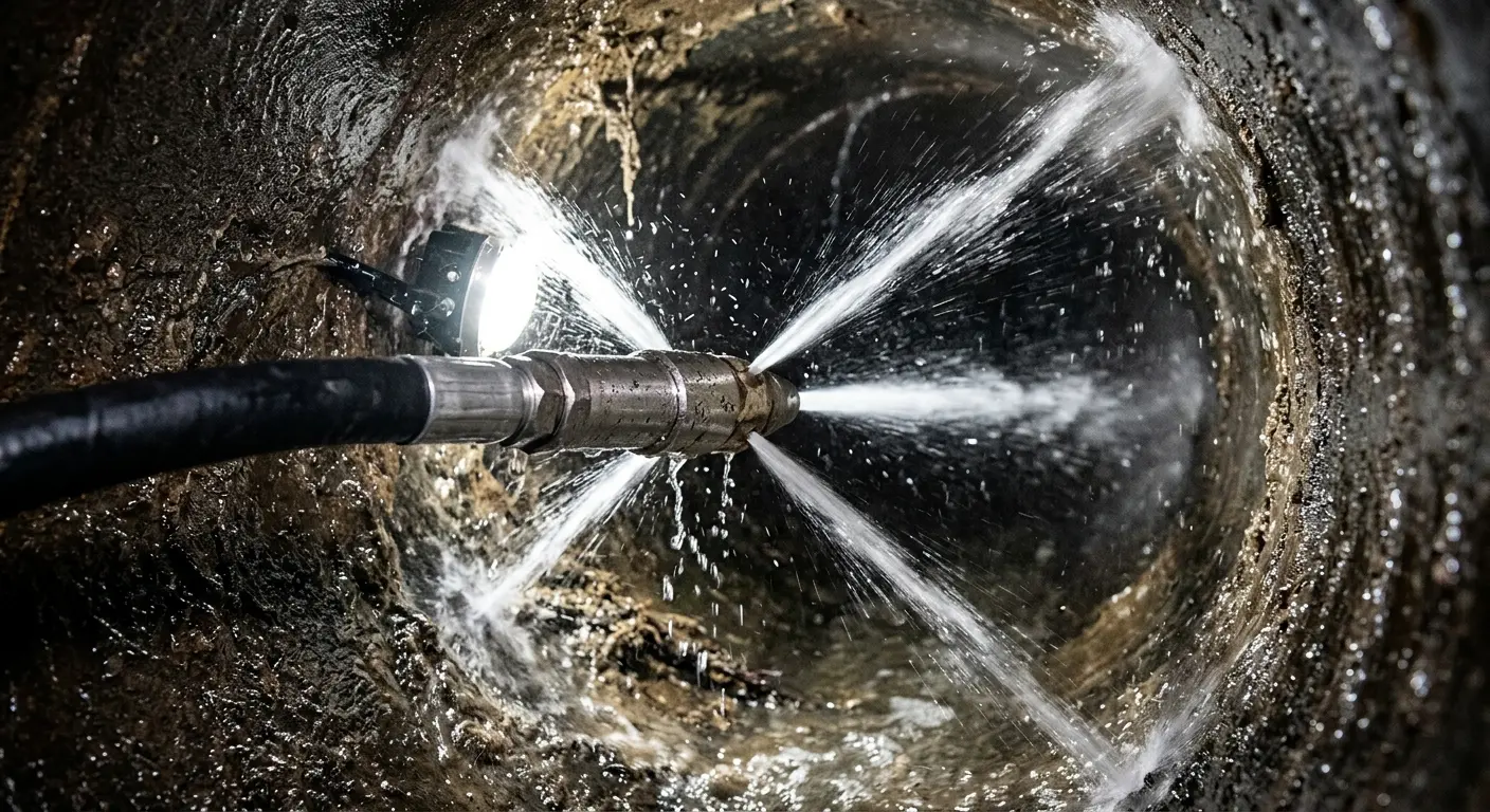 High-pressure hydro jetting nozzle cleaning sewer pipe for Sewer Cleanout in Tinton Falls
