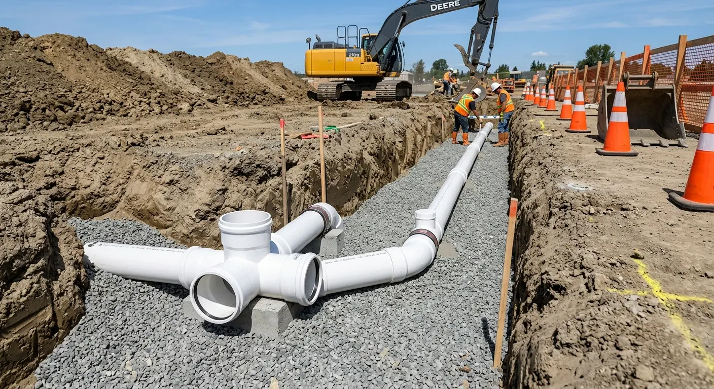 New PVC sewer pipe installation in open trench for Sewer Backup in Tinton Falls