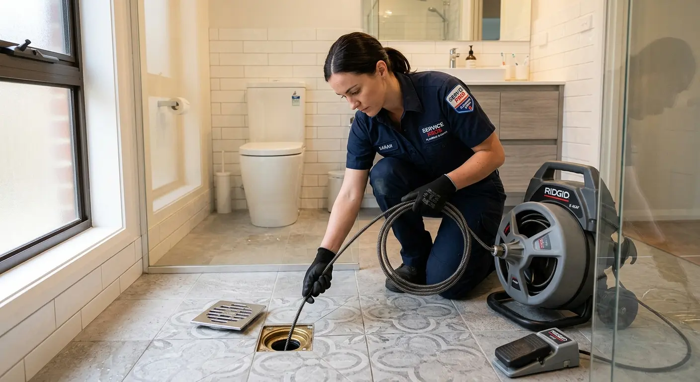 Technician clearing a bathroom floor drain for Drain Cleaning in Tinton Falls